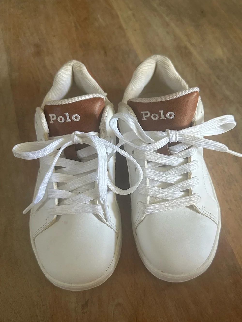 Polo Ralph Lauren Boys White Leather Sneakers Brown Logo Size 1